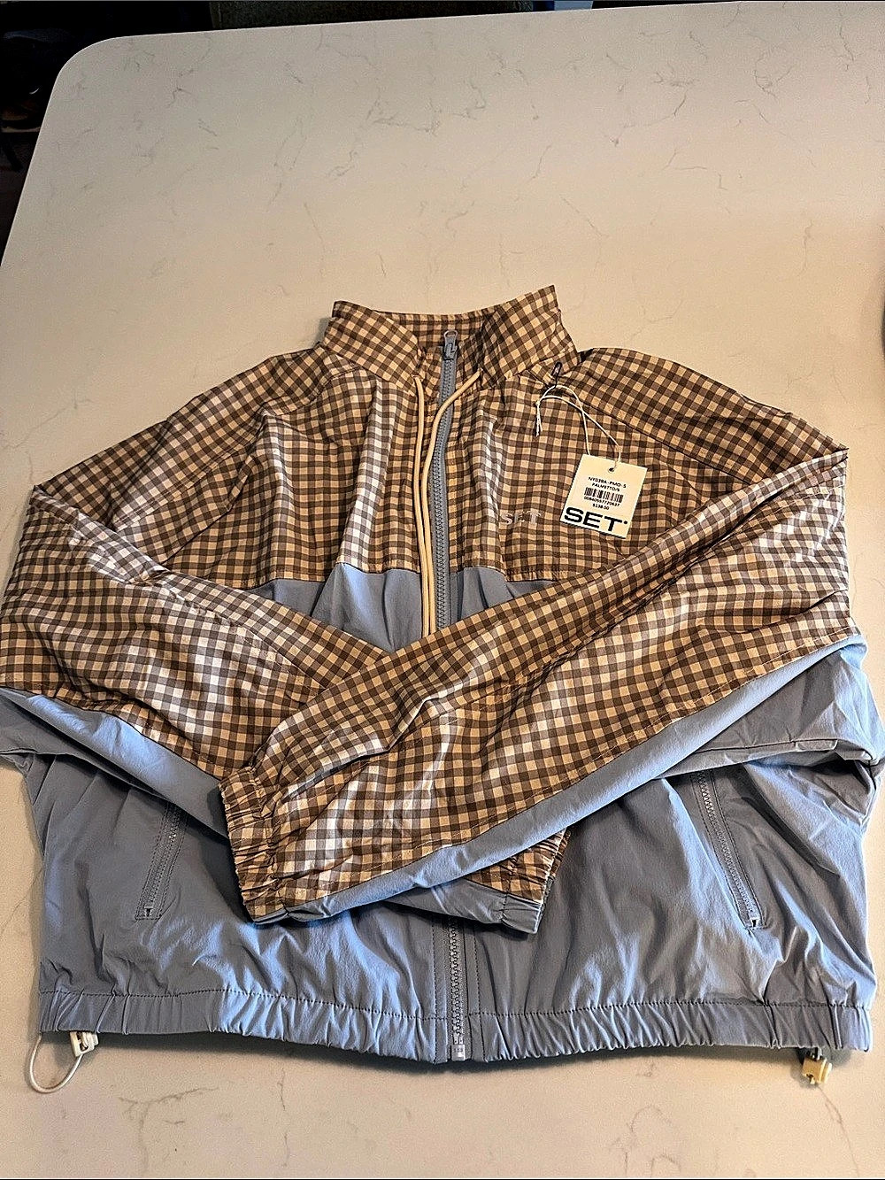 SET Palmetto Gingham Puffer Jacket in Brown & Blue Size Small NWT